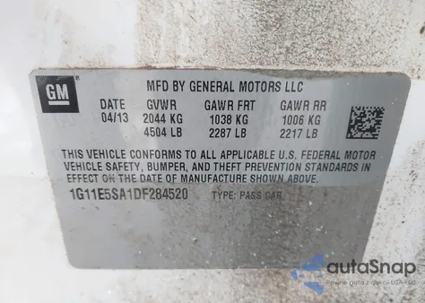 2013 Chevrolet Malibu 2Lt from USA, damaged, VIN 1G11E5SA1DF284520